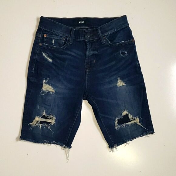 CLEARANCE Aero Dark wash Denim  Slim Cut off Bermuda Jean Distressed  Shorts - Picture 1 of 8